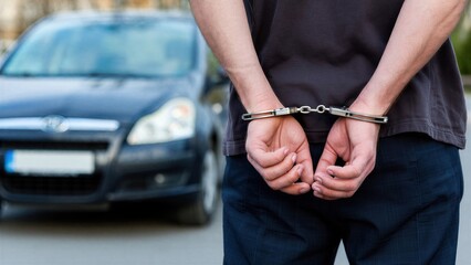 Man in handcuffs standing near a car after arrest, concept of crime, vehicle theft, law violation, police detention, public safety, criminal investigation, justice, street incident, legal process