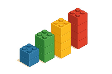 Four colorful building blocks stacked in ascending order representing growth and progress against a dark background with subtle shadows and isometric perspective