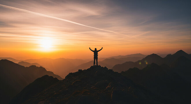 Silhouette of Victorious Person on Mountain Peak at Sunset
A dramatic silhouette of a lone person standing triumphantly on the summit of a mountain range with arms raised high in a gesture of success