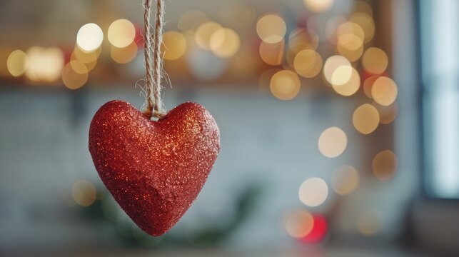 Romantic valentine decor  red glitter heart adorned with twine against a dreamy bokeh background