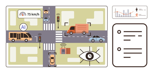 AI-enabled traffic system manages a busy intersection with cars, buses, speed tracking, safety alerts. Ideal for automation, transportation, urban planning, efficiency, data interconnectivity AI