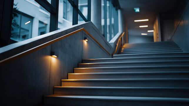 Wide Shot of a Service Stairwell with Painted Concrete Walls and Emergency Lighting No People Visible Leading to Technical Floors in a Mixed Use Building clean composition