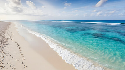 Seashore Serenity: A panoramic view of a pristine beach, where soft, golden sands meet the crystal-clear turquoise waters of the ocean, under a vast, cloud-dotted sky.