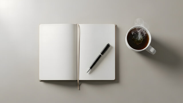 Creative Planning and Momentary Comfort: An open notebook is waiting for fresh ideas, accompanied by a refined pen and a comforting cup of coffee, creating a workspace of inspiration.