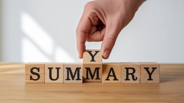 Hand completes summary word with wooden blocks