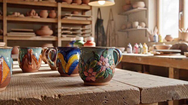 Artisan ceramic mugs decorated with floral patterns in studio setting
