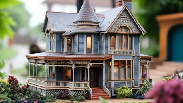 A detailed model of a Victorian-style house with intricate architecture, featuring a turret, porch, and colorful landscaping