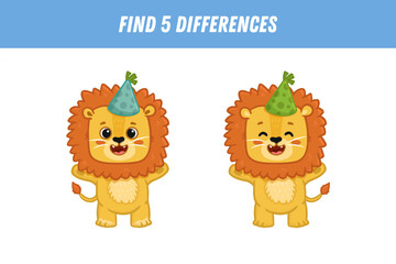  Find 5 differences between two pictures of cute lion in hat. Cute lion in flat style. Activity page. Christmas game for kids. Vector