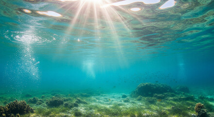 Fototapeta premium Brilliant Sun Rays Illuminating Clear Blue Tropical Underwater Ocean Scene A vibrant, clear, and inviting view from below the ocean's surface. Brilliant shafts of sunlight (sun rays) 