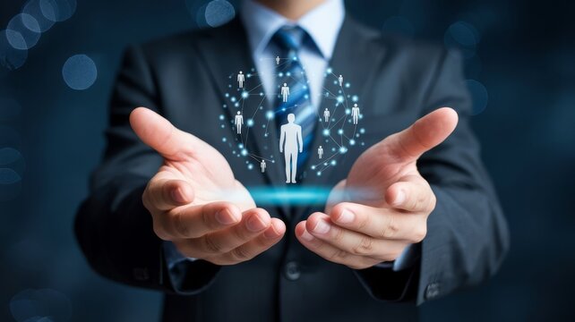 Business professional presenting human resources and social network solutions