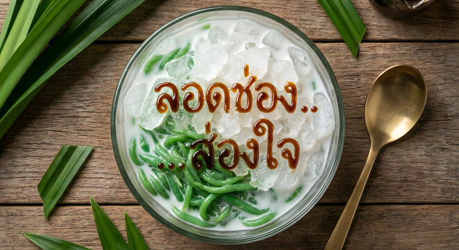 Lod Chong Thai Dessert with Palm Sugar Syrup Typography on Ice