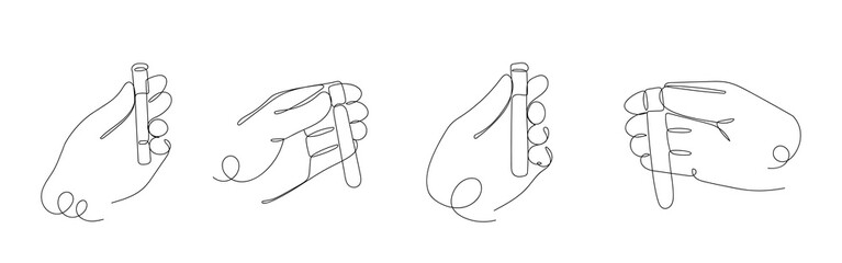Hand holding a blood vessel in a test tube, one continuous line. Vector illustration, One line art, Line art graphic style Editable stroke.