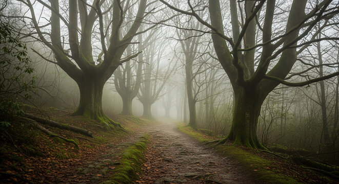 Eerie and Mysterious Foggy Forest Path Lined with Gnarled Ancient Trees
A dramatic and atmospheric photograph of a winding dirt trail disappearing into a dense woodland heavily obscured by thick