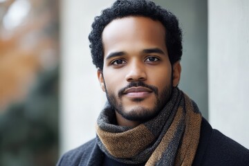 Handsome young man with dark curly hair and a beard wearing a warm patterned scarf outdoors