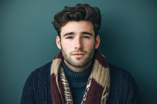 Young man with stylish hair and winter attire poses against a dark teal background
