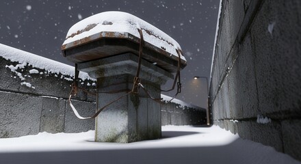 Snow-covered urban object with rusted straps at night