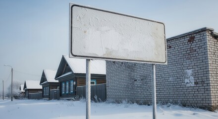 Frost-covered blank road sign in snowy rural village in winter