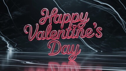 Happy Valentine's Day 3D lettering. Glossy pink typography on elegant dark marble background for banner.