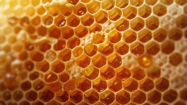 Close-up view of honeycombs, filled with golden honey. Hexagonal cells tightly packed