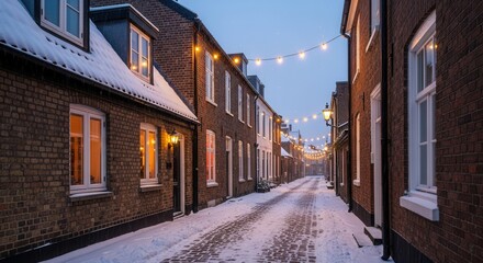 Obraz premium Snowy cobblestone street with string lights and brick houses at dusk