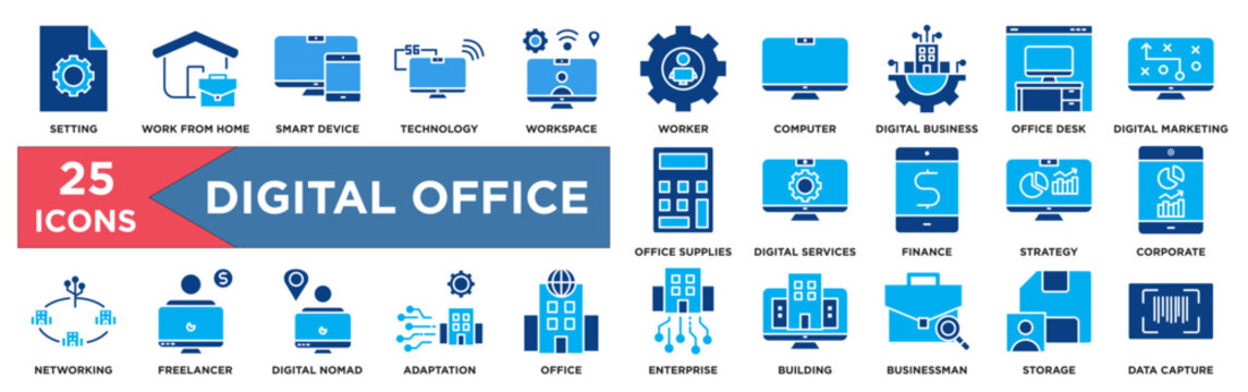Digital Office Dual Tone Icon Set – Setting, Work From Home, Smart Device, Digital Business, Office Desk