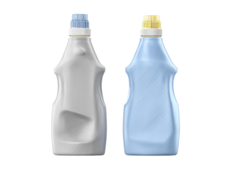 Digital rendering of two detergent bottles showcasing contrasting shapes and colors with a sleek design, perfect for product visualization on transparent background.