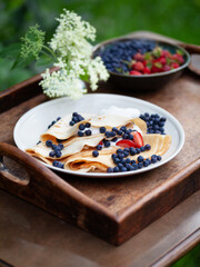 Delicious homemade crepes with fresh fruit  -  blueberry and alpine strawberry. Gourmet picnic snack ina spring garden.