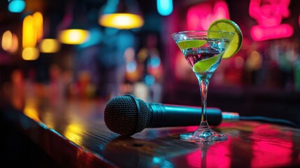 Cocktail glass with lime garnish beside microphone on vibrant neon bar counter