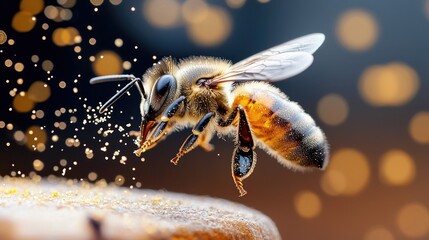 A close-up of a bee in flight, with pollen particles and a blurred bokeh background. The bee is in focus, showcasing its details.