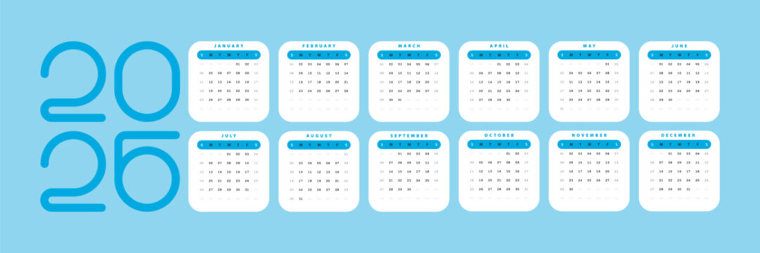 Clean Minimalist Calendar 2026 Blue color

