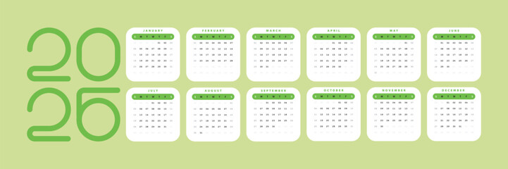 Clean Minimalist Calendar 2026 Green color
