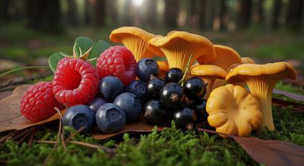 Freshly Foraged Wild Berries and Chanterelle Mushrooms in Forest
A close-up still life of a bountiful harvest of freshly foraged goods from the forest. The arrangement features vibrant red raspberries