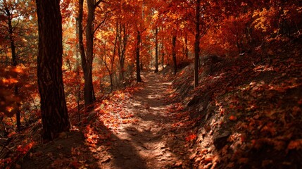 Obraz premium Autumn Forest Trail With Red Leaves And Sunlit Path Serene Nature Scene For Stock