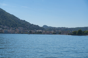 Fototapeta premium Lakeside Town under the Mountain, Italy, Como
