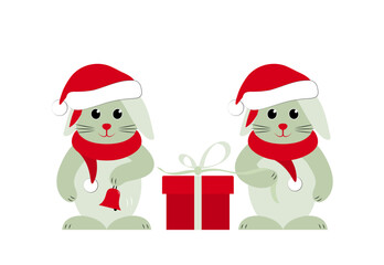 bunnies with caps and scarfs and gift isolated on white background