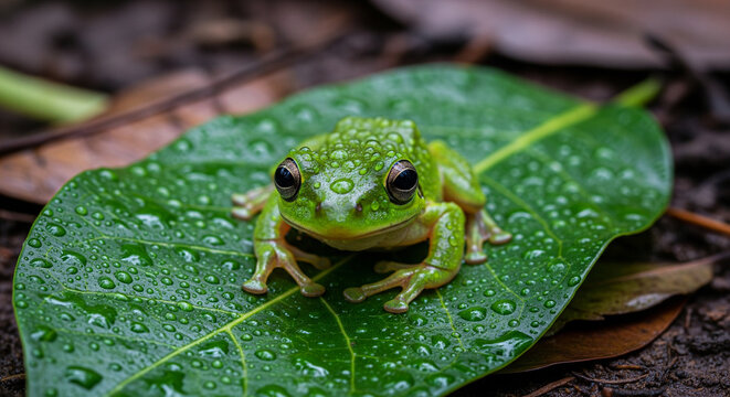 Vivid Green Tree Frog Sitting on a Wet Tropical Leaf
A macro, close-up shot of a small, bright green tree frog resting on a large, vibrant green leaf covered in tiny water droplets