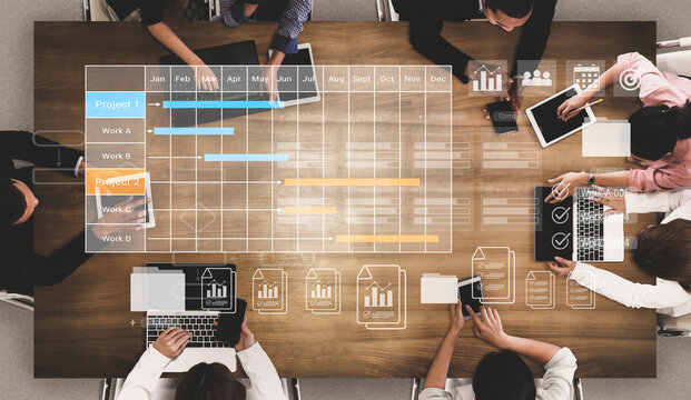 Digital visualization of multiple project timelines with progress tracking, documents, and team collaboration symbols Parse