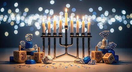 Warm Hanukkah menorah candles shine brightly, illuminating dreidels and gelt for a joyful Jewish festival of lights celebration, reflecting timeless ancient tradition.