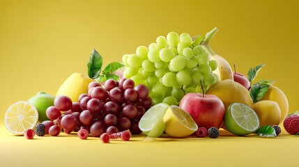 Colorful Arrangement of Fresh Fruits on a Bright Yellow Background for Healthy Lifestyle and Nutrition Concepts