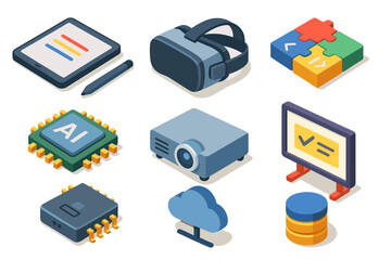 Collection of Colorful Isometric Digital Technology Icons on Dark Background