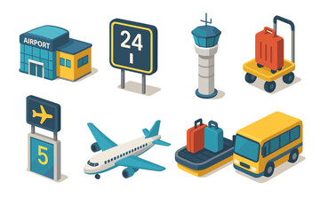 Naklejka premium Airport Terminal Icons Featuring Airplane Control Tower Luggage Cart and Baggage Area