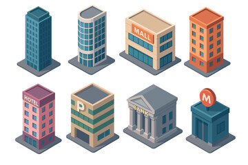 Collection of Isometric Building Icons Featuring Various Urban Structures