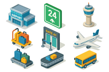 Isometric Airport Icons Featuring Check In Gate Signs Luggage and Airplane on Black Background