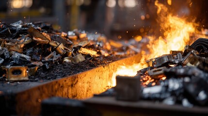 Medium shot of metal scraps being fed into a furnace preparing recyclables for melting and reuse