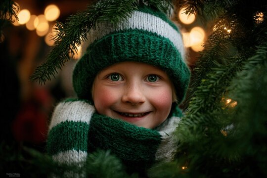 Joyful young child peeks through lush evergreen branches adorned with warm lights - Powered by Adobe