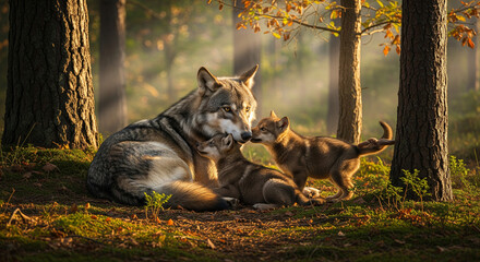 Touching Family Moment: Gray Wolf and Cubs in Sunlit Autumn Forest
A deeply emotional and heartwarming wildlife scene featuring a Gray Wolf (Canis lupus) resting affectionately with two playful cubs