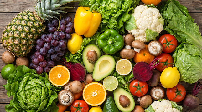 Variety of fresh organic vegetables and fruits arrangement