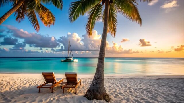 Stunning tropical beach scene with palm trees, lounge chairs, a boat, and beautiful ocean views