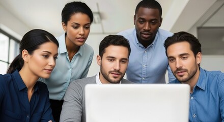 Multicultural business experts deeply engaged in dynamic brainstorming session, meticulously analyzing critical digital content on an advanced display. Their collective intelligence drives innovation.