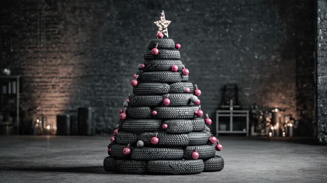 Creative christmas tree made from tires adorned with festive ornaments